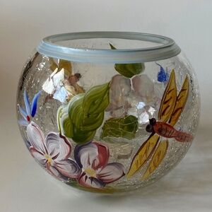 Crystal Clear Crackle Glass Dragonfly Crystal Votive Holder Hand-painted Vintage